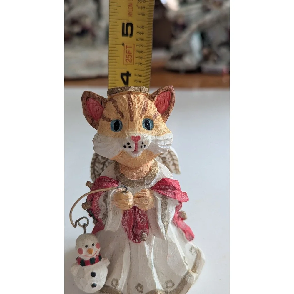 Orange Tabby Cat Angel Christmas Figurine with Snowman Folk Art Resin 4 Inch